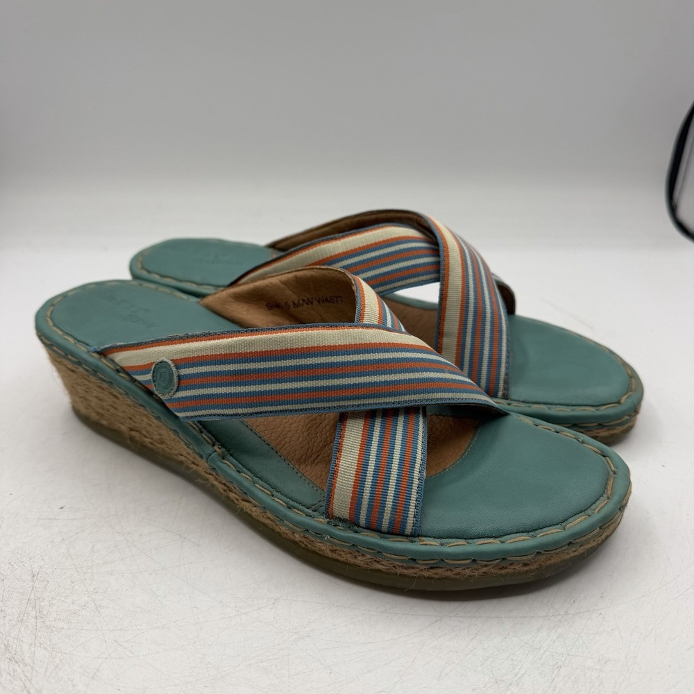 BORN Caribbean Sandals Womens Sz 9 Tropicale Blue Striped Slip On Slides W4677‎